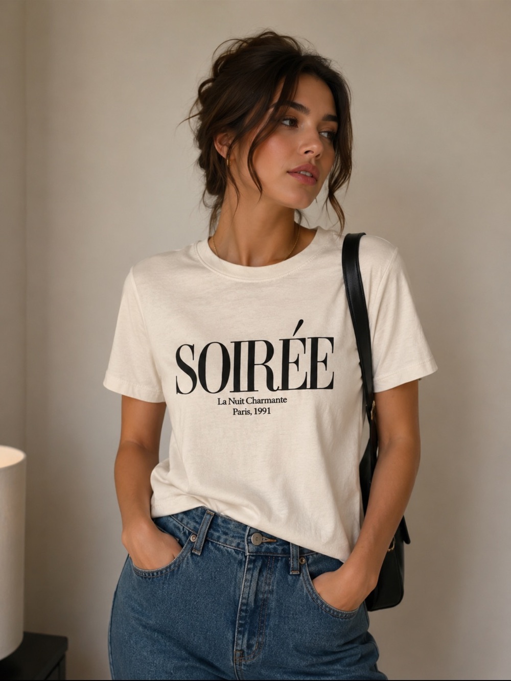 H&M Cream Soirée Graphic Short Sleeve Tee